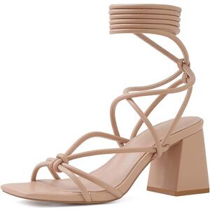 Nude Strappy Ankle-Tie Block Heel